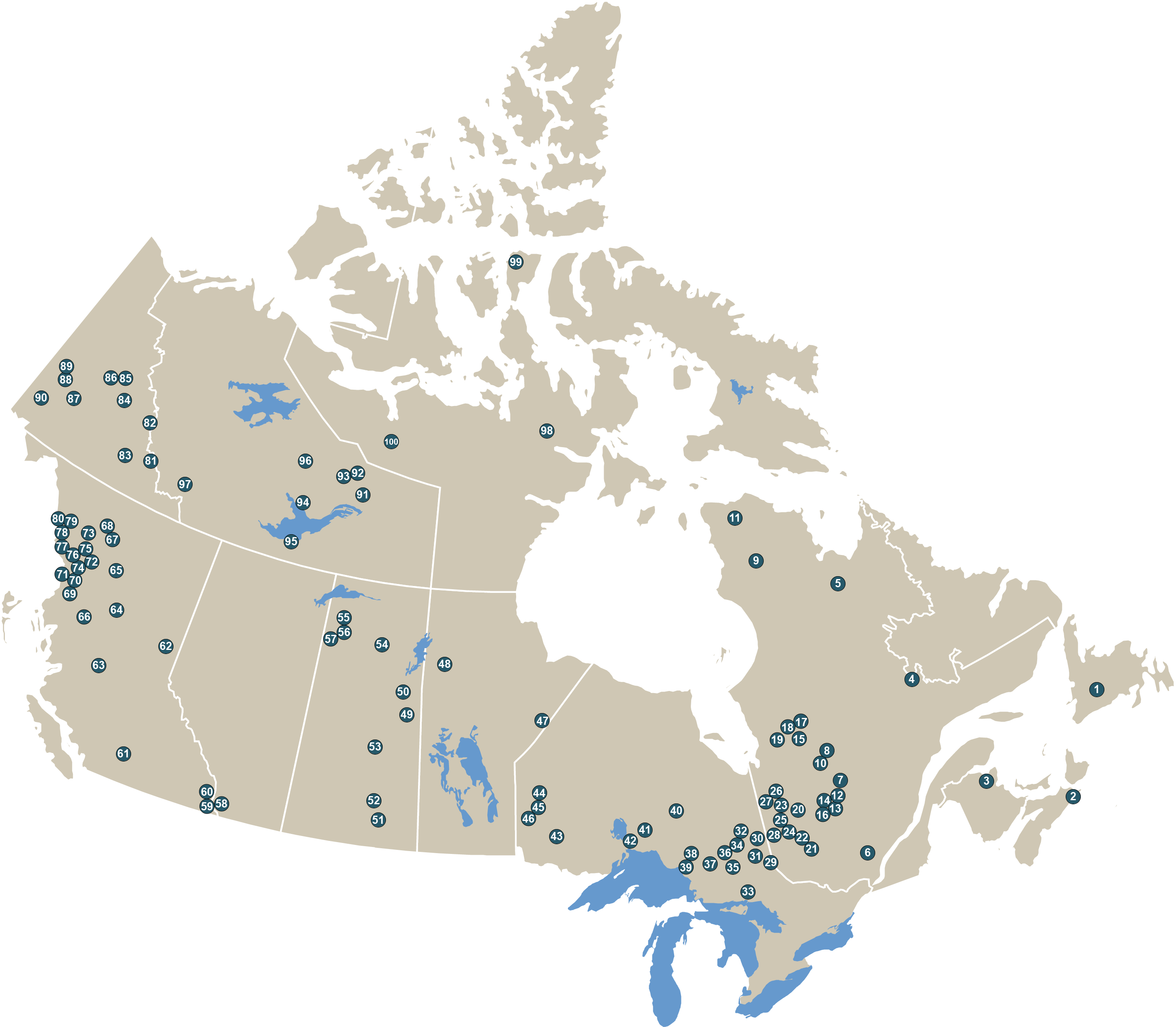 This image is a map of Canada that displays geographically, by province and territory, the locations of the top 100 off-mine-site exploration and deposit appraisal projects of 2018.